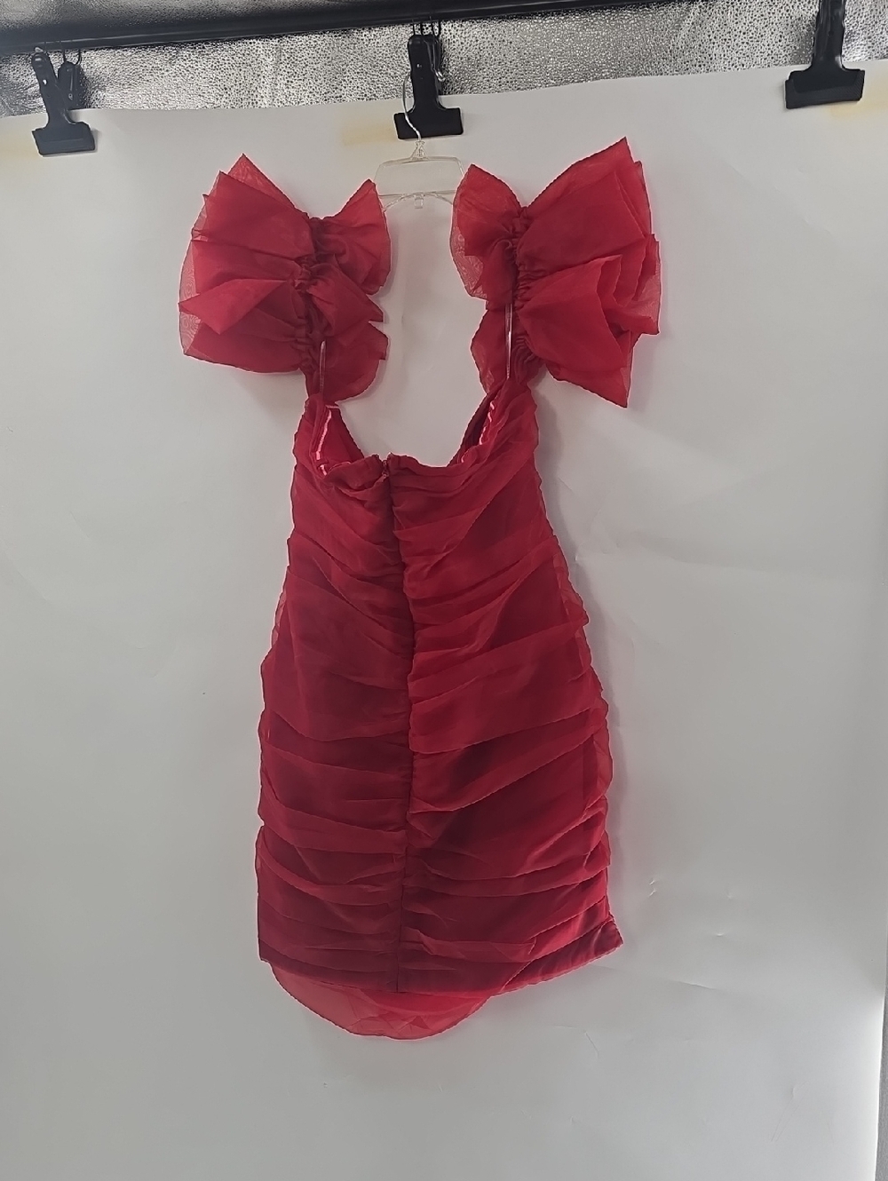 L'ATISTE Red Ruched Mini Dress with Tulle Shoulder Bows - Picture 8 of 9